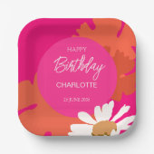 ホットピンクとオレンジのデイジーフローラ誕生日パーティー ペーパープレート (正面)