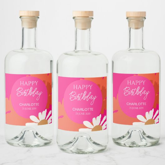 ホットピンクとオレンジのデイジーフローラ誕生日パーティー リキュールボトルラベル (ボトル)