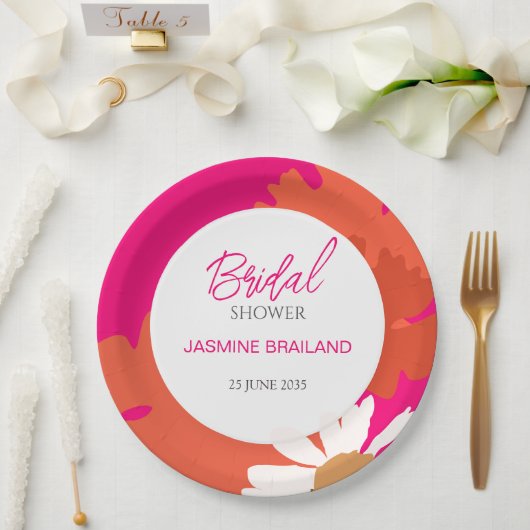 ホットピンクとオレンジのデイジー抽象芸術フローラブライダル ペーパープレート (ウェディング)