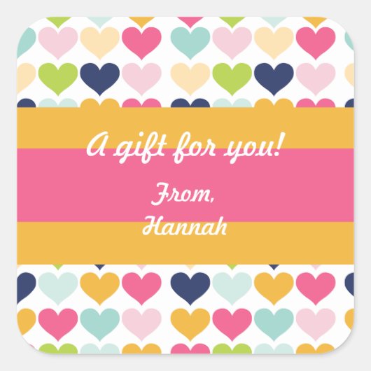 ホットピンクとオレンジのハートカスタム誕生日 スクエアシール (正面)