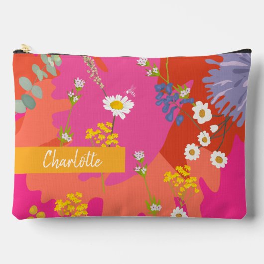 ホットピンクとオレンジのフローラガーデンパーソナライズされた アクセサリーポーチ (正面)