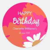ホットピンクとオレンジのフローラハッピーバースデーパーティー ラウンドシール (正面)