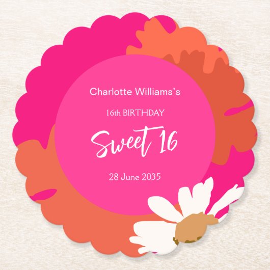 ホットピンクとオレンジのフローラ16歳の誕生日パーティー ペーパーコースター (正面)