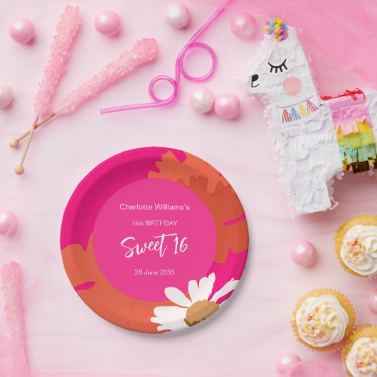 ホットピンクとオレンジのフローラ16歳の誕生日パーティー ペーパープレート (パーティー)