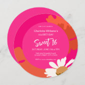 ホットピンクとオレンジのフローラ16歳の誕生日パーティー 招待状 (正面/裏面)