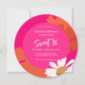 ホットピンクとオレンジのフローラ16歳の誕生日パーティー 招待状 (正面)
