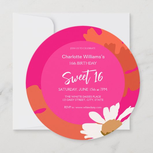 ホットピンクとオレンジのフローラ16歳の誕生日パーティー 招待状 (正面)