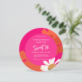 ホットピンクとオレンジのフローラ16歳の誕生日パーティー 招待状