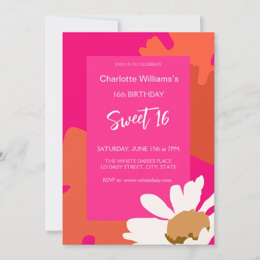 ホットピンクとオレンジのフローラ16歳の誕生日パーティー 招待状 (正面)