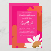 ホットピンクとオレンジのフローラ16歳の誕生日パーティー 招待状 (正面/裏面)