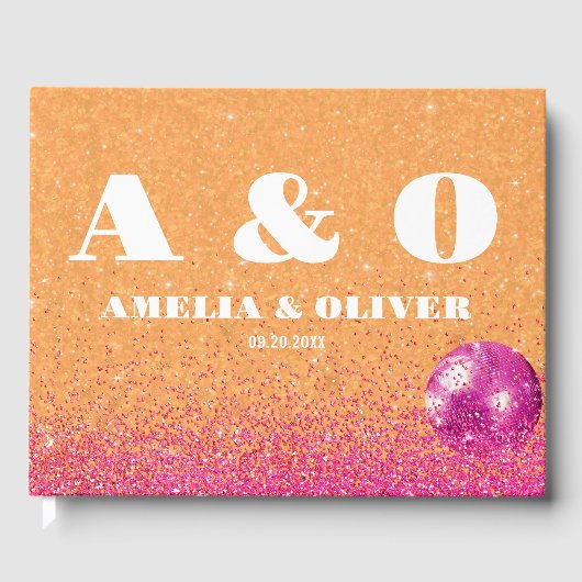ホットピンクとオレンジのレトロディスコ結婚ボール ゲストブック (正面)