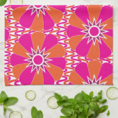 ホットピンクとオレンジの明るい花柄 キッチンタオル (折り畳み)