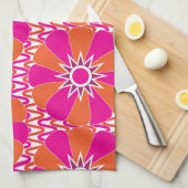 ホットピンクとオレンジの明るい花柄 キッチンタオル (四つ折り)