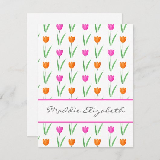 ホットピンクとオレンジの水色のチューリップパターン ノートカード (正面/裏面)