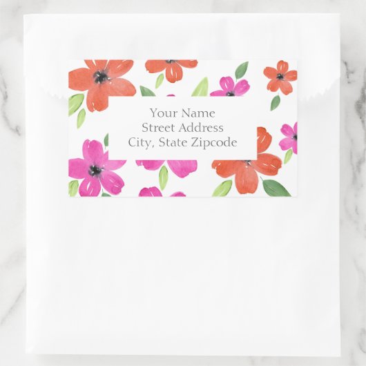 ホットピンクとオレンジの水色のフローラモチーフのラベル 長方形シール (バッグ)