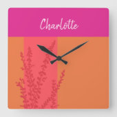 ホットピンクとオレンジの緑離れのパーソナライズされた スクエア壁時計 (正面)