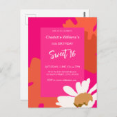 ホットピンクとオレンジの花柄 16歳の誕生日パーティー ポストカード (正面/裏面)