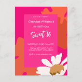 ホットピンクとオレンジの花柄 16歳の誕生日パーティー ポストカード (正面)