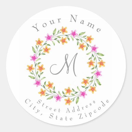 ホットピンクとオレンジ色の水カラーフローラリースラベル ラウンドシール (正面)