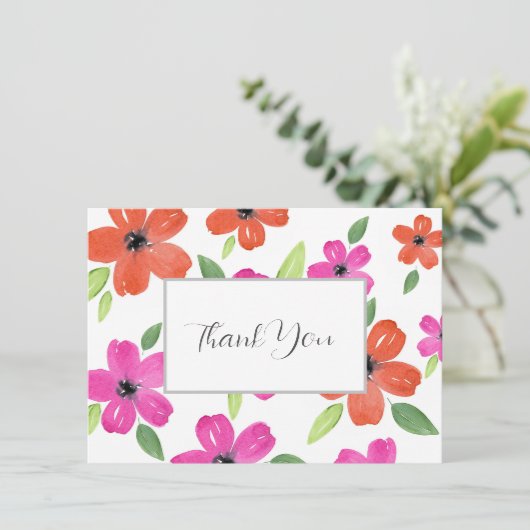 ホットピンクとオレンジ色の水彩モチーフ サンキューカード (スタンド正面)