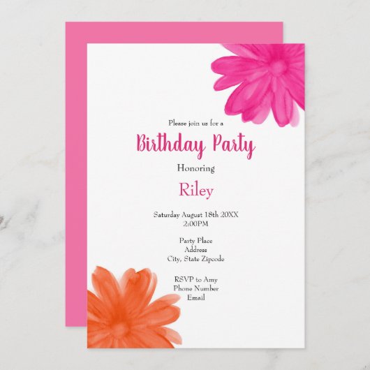 ホットピンクとオレンジ色の水色の花 招待状 (正面/裏面)
