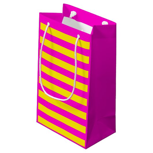 ホットピンクとカナリア色の黄色のストライプ スモールペーパーバッグ (裏面アングル)