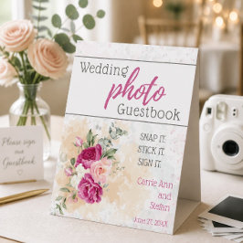 ホットピンクとカラフルな結婚式ゲストブックサイン 台座サイン