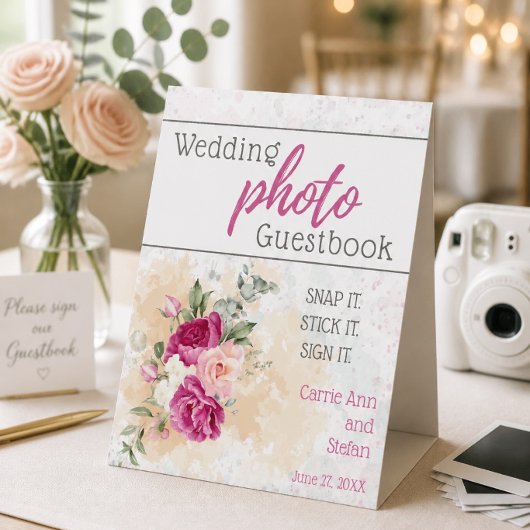 ホットピンクとカラフルな結婚式ゲストブックサイン 台座サイン