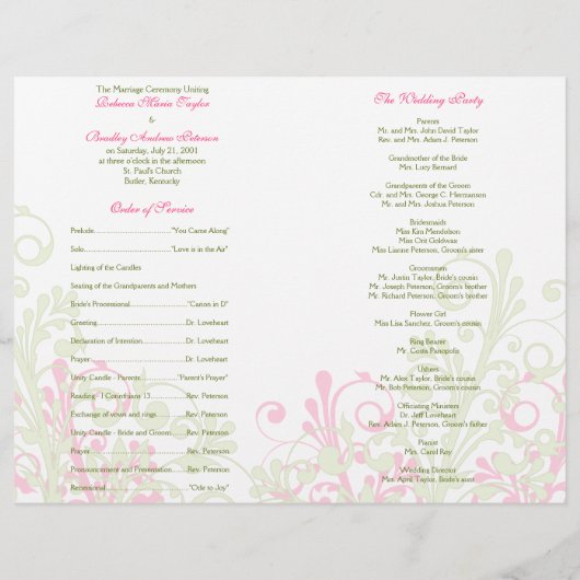 ホットピンクとグリーンの抽象芸術フローラ結婚式 プログラム (裏面)