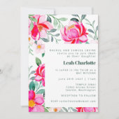 ホットピンクとグリーンウォーターの色のフローラバルミツワー 招待状 (正面)