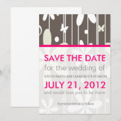 ホットピンクとグレーのレトロフローラ日付の保存 セーブザデート (正面/裏面)