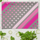 ホットピンクとグレーの水玉模様タストライプのオル キッチンタオル (折り畳み)