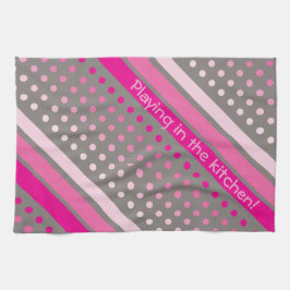 ホットピンクとグレーの水玉模様タストライプのオル キッチンタオル