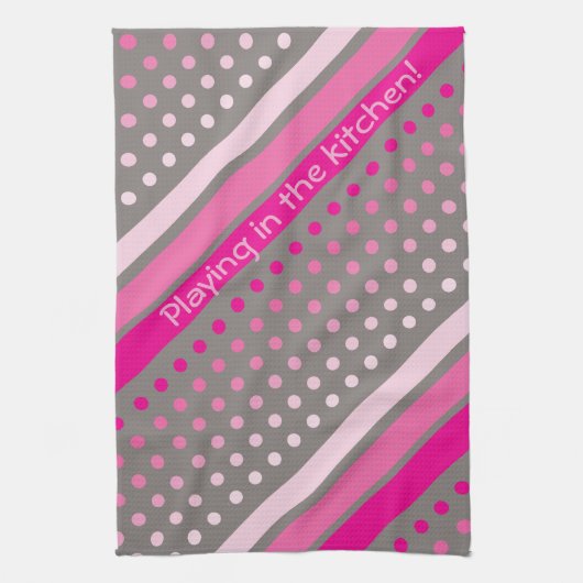 ホットピンクとグレーの水玉模様タストライプのオル キッチンタオル (縦)