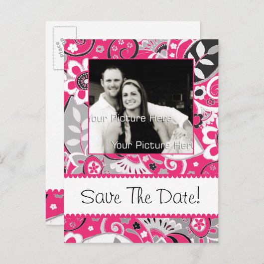 ホットピンクとグレーの秋フローラ日付の保存 案内ポストカード (正面/裏面)