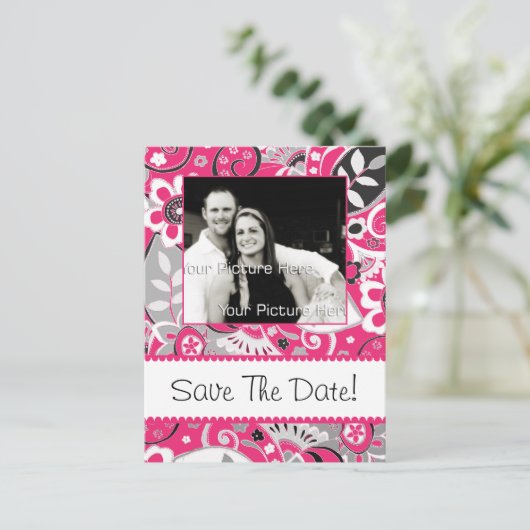 ホットピンクとグレーの秋フローラ日付の保存 案内ポストカード (スタンド正面)