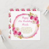 ホットピンクとゴールドのエレガントな花の誕生日パーティー カード (正面/裏面インサイチュ)