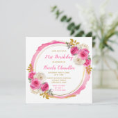 ホットピンクとゴールドのエレガントな花の誕生日パーティー 招待状 (スタンド正面)