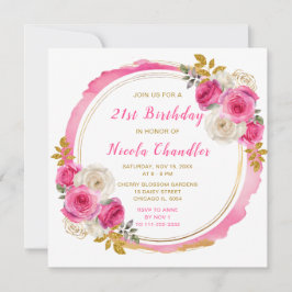 ホットピンクとゴールドのエレガントな花の誕生日パーティー 招待状