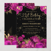 ホットピンクとゴールドのバラの花 フラワーデザイン 21歳の誕生日 招待状 (正面/裏面)