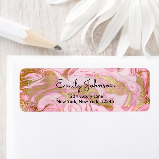 ホットピンクとゴールドフォイル大理石エレガント誕生日 ラベル (インサイチュ)