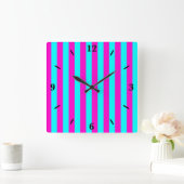 ホットピンクとシアンブルーグリーンターコイズストライプ スクエア壁時計 (ホーム)