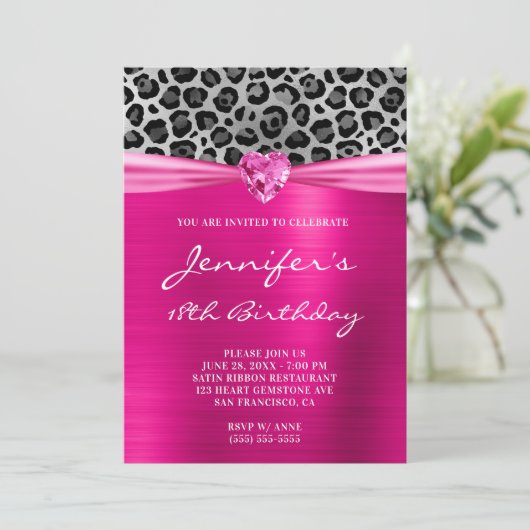 ホットピンクとシルバーのヒョウ柄の箔 18歳の誕生日 招待状 (スタンド正面)