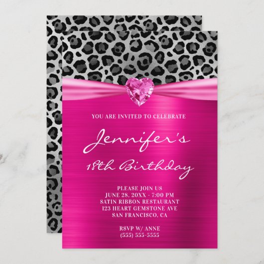 ホットピンクとシルバーのヒョウ柄の箔 18歳の誕生日 招待状 (正面/裏面)