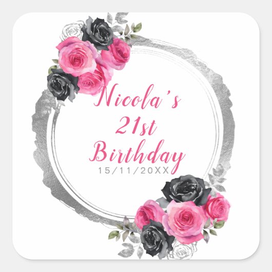 ホットピンクとシルバーの花エレガントの誕生日パーティー スクエアシール (正面)