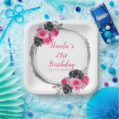 ホットピンクとシルバーの花エレガントの誕生日パーティー ペーパープレート (パーティー)