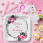 ホットピンクとシルバーの花エレガントの誕生日パーティー ペーパープレート (パーティー)