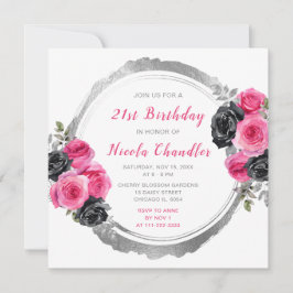 ホットピンクとシルバーの花エレガントの誕生日パーティー 招待状