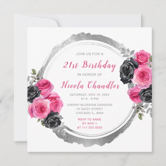 ホットピンクとシルバーの花エレガントの誕生日パーティー 招待状 (正面)