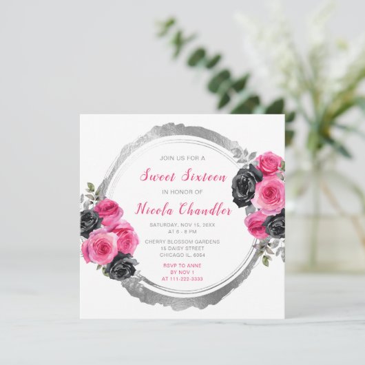 ホットピンクとシルバーの花エレガントのSweet sixteen 招待状 (スタンド正面)